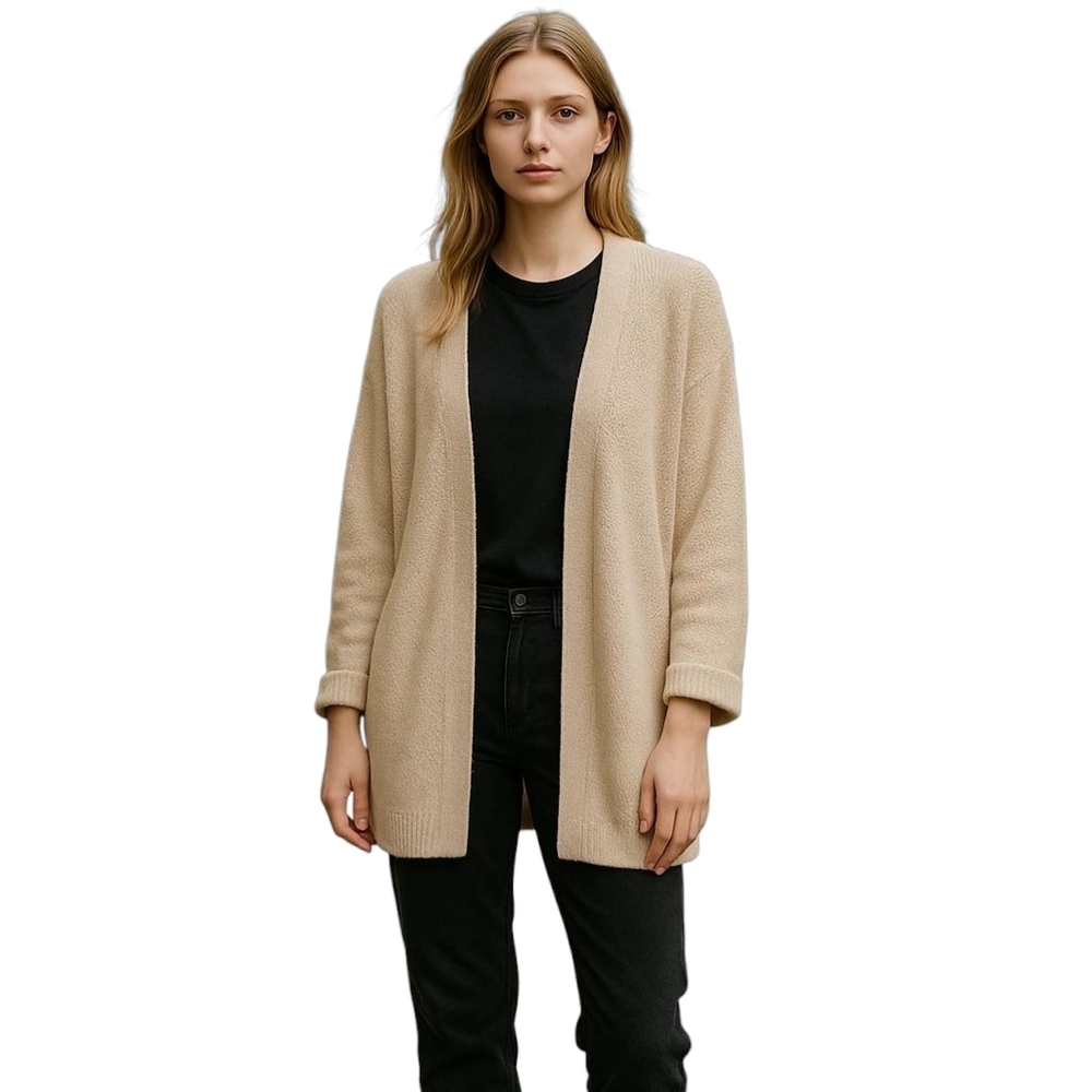 Marled Open Long Cardigan Cozy‎ Soft Knit Layer Glitter Beige Large NWT
